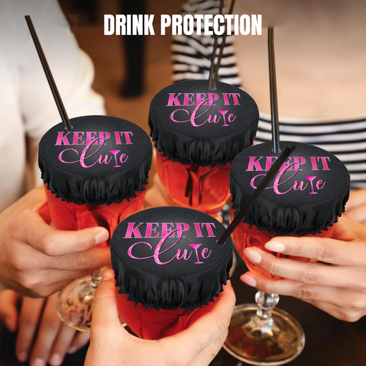 Keep it Cute Drink Covers (4) Black Base with Pink letters
